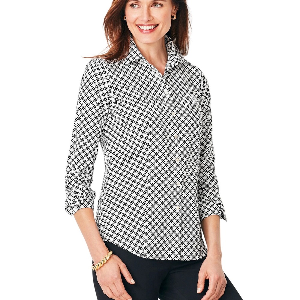 Talbots Non-Iron Perfect Shirt Geometric Print Black & White Petite (Size 12)